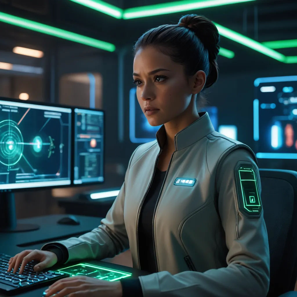 a woman in a star trek uniform is typing on a keyboard and a laptop computer in front of a monitor, retrofuturism, computer graphics, Eve Ryder, star citizen halo