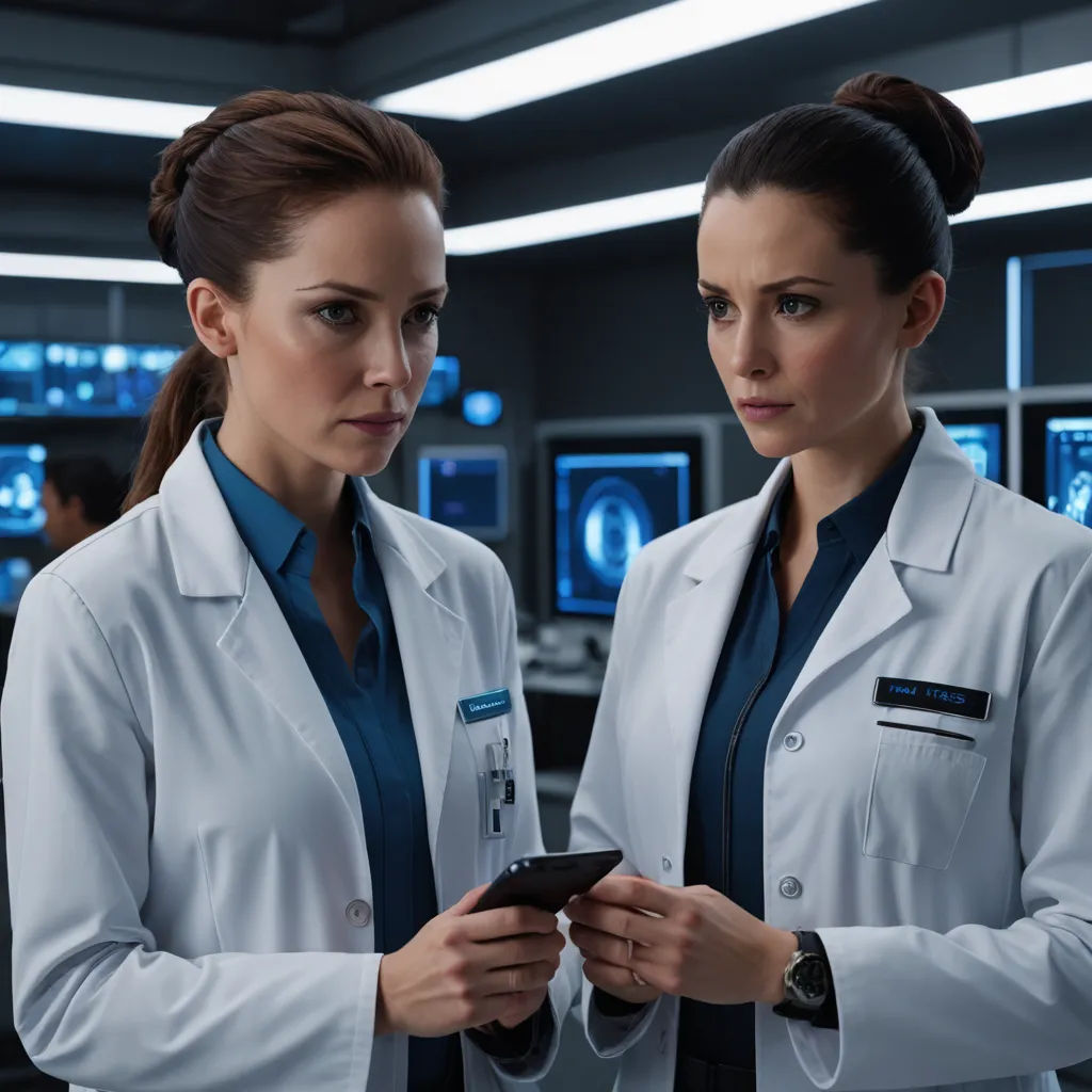 two women in white coats looking at a cell phone in a room with monitors and television screens in the background, aestheticism, a renaissance painting, Dr. Atl, promotional image