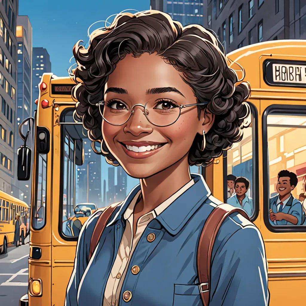 a woman in a blue shirt and glasses standing in front of a bus with people on it and a city background, Constance Gordon-Cumming, harlem renaissance, a character portrait, comic cover art