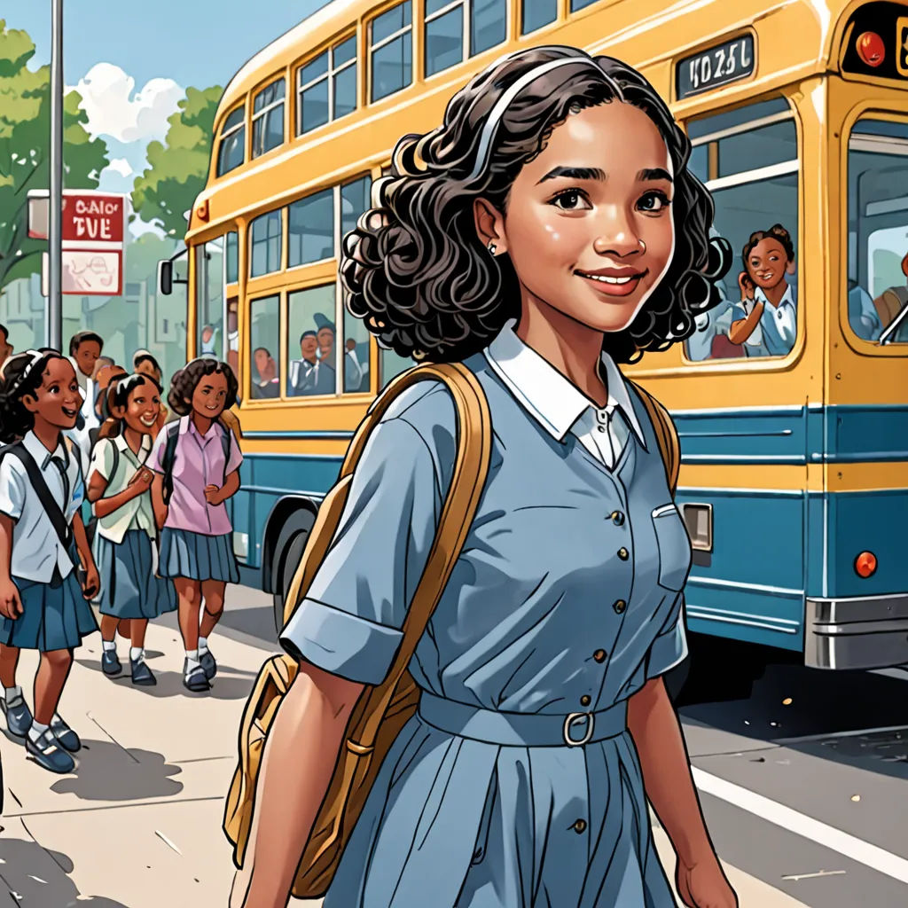 a cartoon of a girl in a school uniform walking down the street with a school bus in the background, Constance Gordon-Cumming, paris school, a storybook illustration, graphic novel