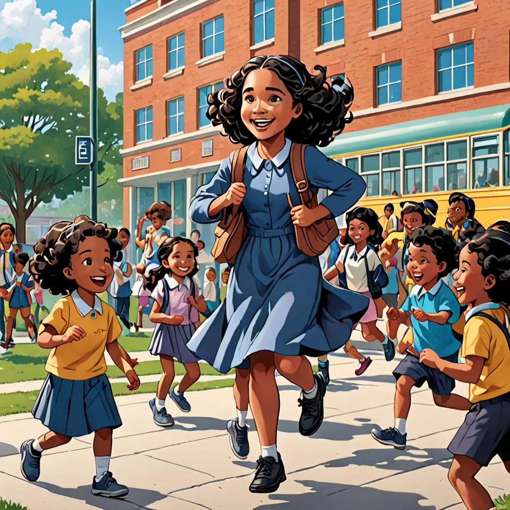 a painting of a woman in a school uniform running with children in the street behind her and a school bus in the background, Ella Guru, harlem renaissance, a storybook illustration, official art