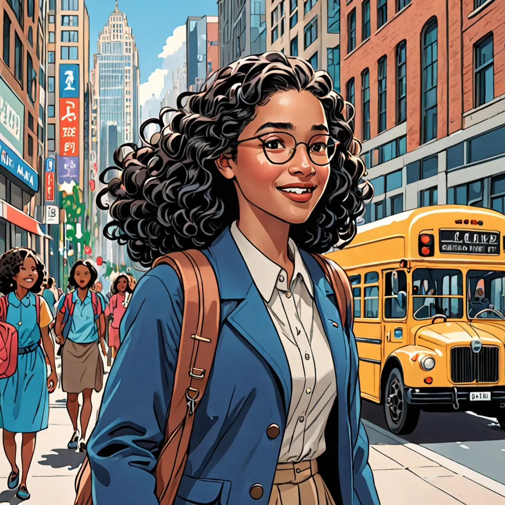 a woman in a blue jacket and glasses is walking down the street with a school bus in the background, Alson S. Clark, american scene painting, a character portrait, comic cover art