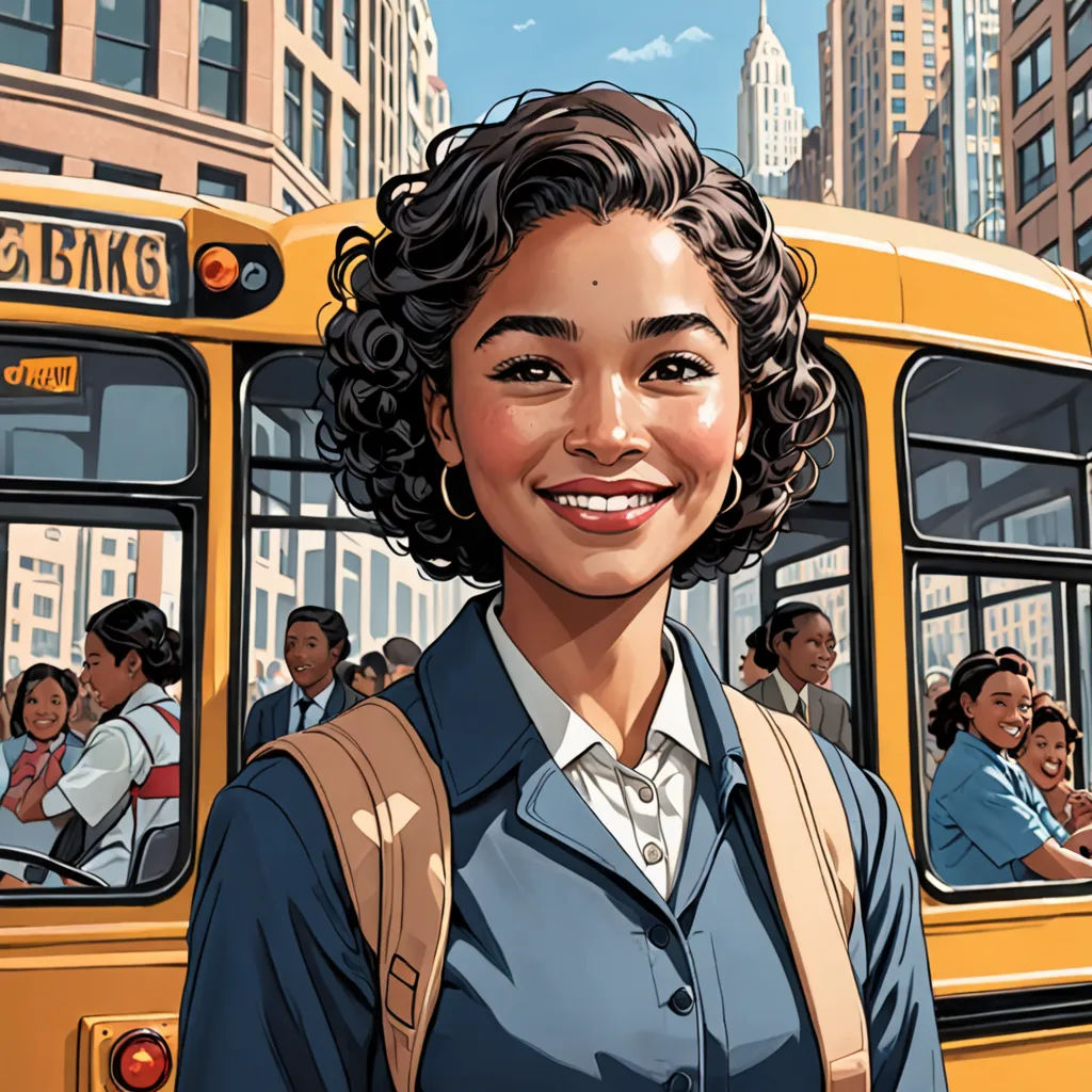 a woman standing in front of a bus with a backpack on her shoulder and people behind her smiling at the camera, David Park, american realism, a character portrait, graphic novel