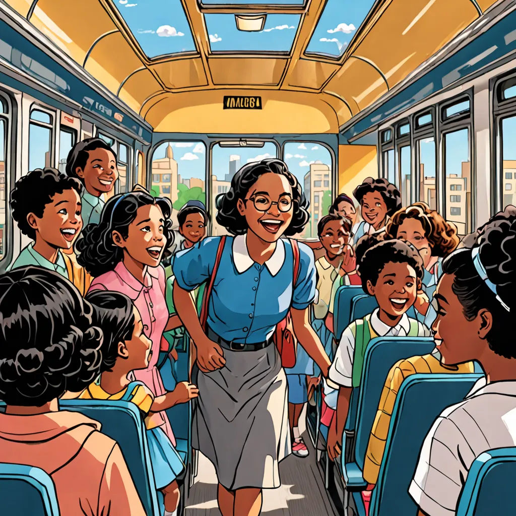 a woman is standing on a bus with a group of children on the bus and smiling at her while she is on the bus, Chris Ware, harlem renaissance, a comic book panel, official art