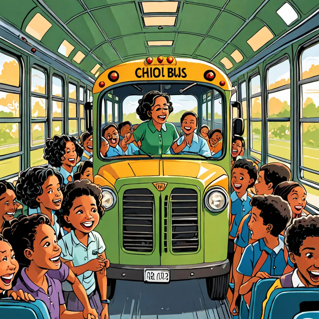 a cartoon of a school bus with a woman on the front of it and a group of children on the side, Chinwe Chukwuogo-Roy, magical realism, a storybook illustration, detailed illustration