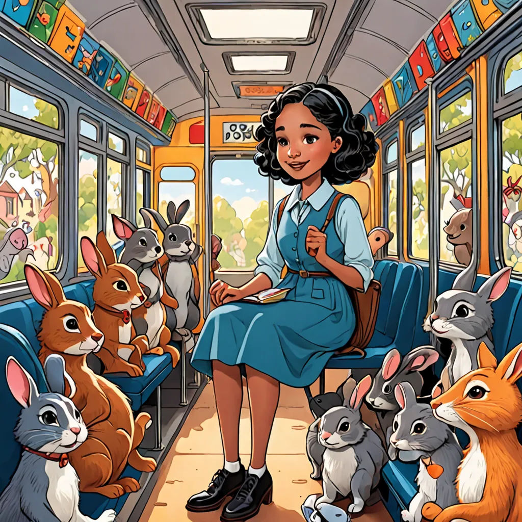 a girl is sitting on a bus with many animals around her and a sign that says happy easter above her, Bob Thompson, furry art, a storybook illustration, comic cover art