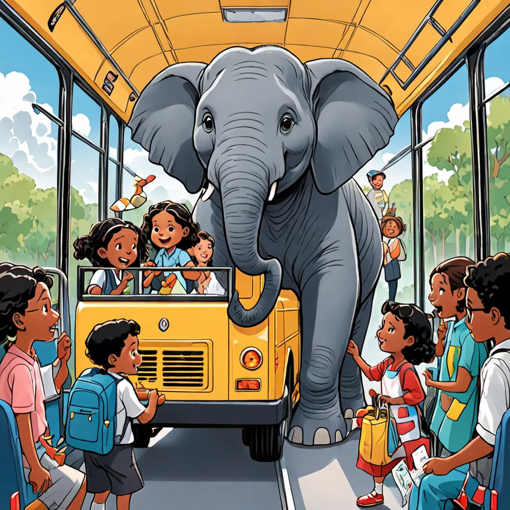 a cartoon of a bus with a large elephant on the front of it and people standing around it and a bus with a large elephant on the front, Chris LaBrooy, magical realism, a storybook illustration, storybook illustration