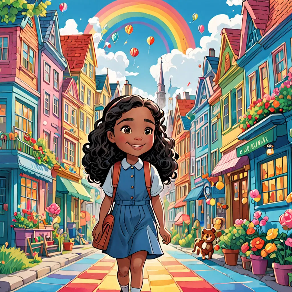 a cartoon girl walking down a street in a town with a rainbow in the background and a teddy bear in the foreground, Cliff Childs, magical realism, a storybook illustration, comic cover art