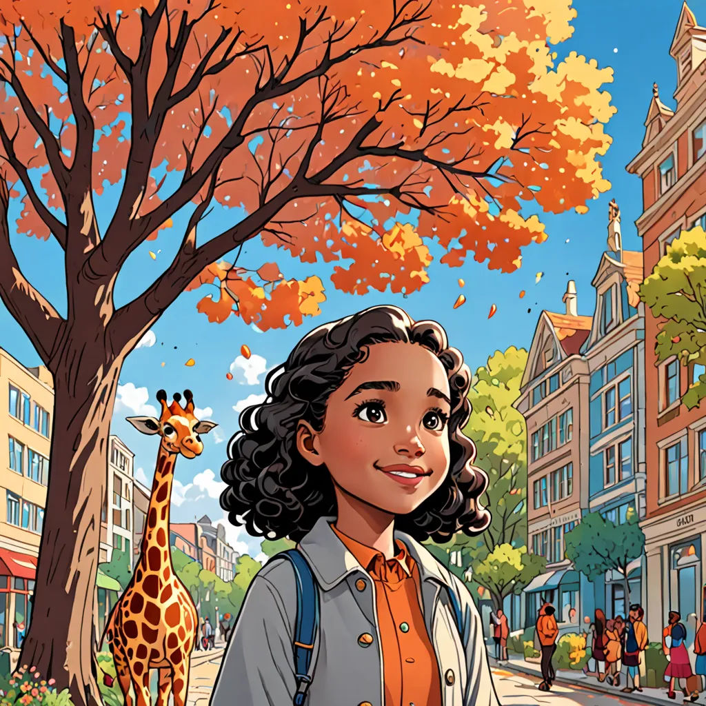 a cartoon girl standing in front of a tree with a giraffe in the background and a city street, Chris LaBrooy, american scene painting, a comic book panel, comic cover art