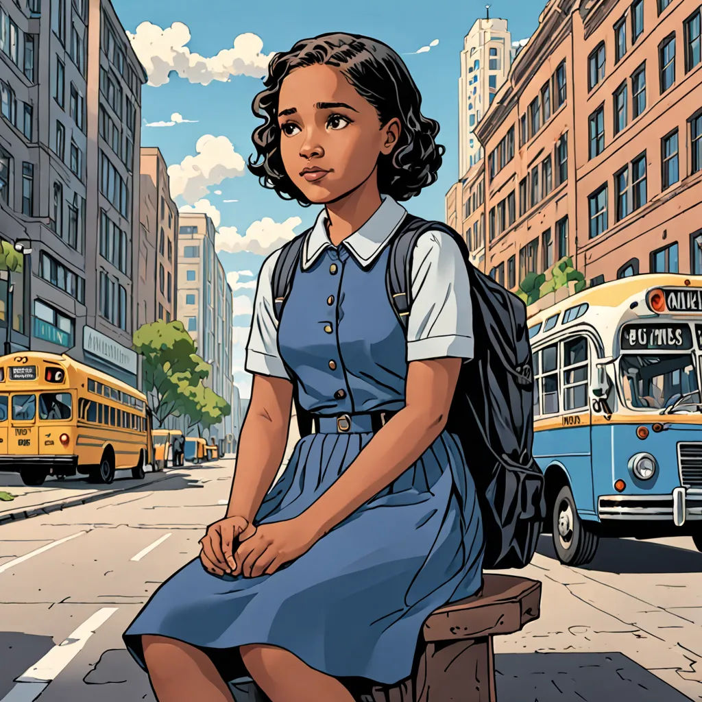 a woman sitting on a bench in front of a bus on a city street with buildings and buses in the background, Chris Ware, american realism, a comic book panel, graphic novel