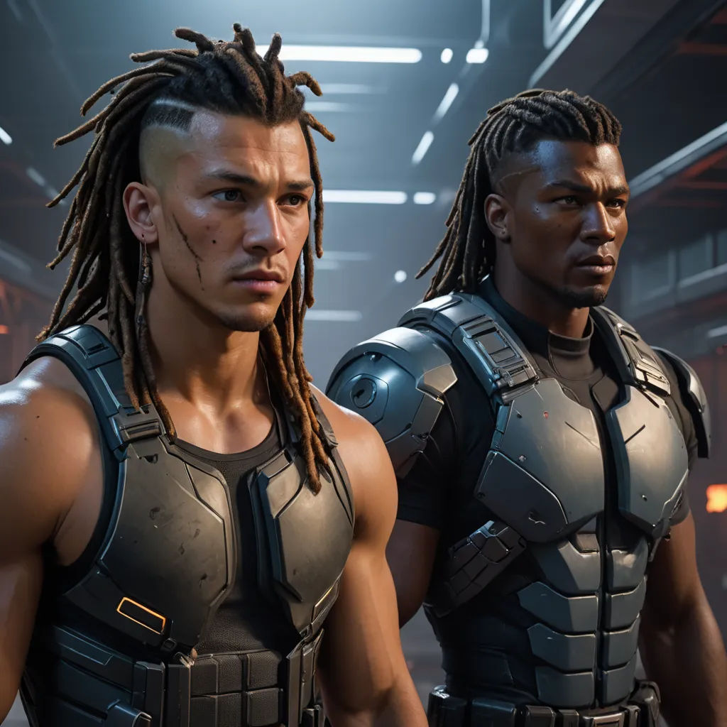 two men in futuristic suits standing in a room with lights on the ceiling and a ceiling light above them, afrofuturism, computer graphics, Dai Jin, unreal 5