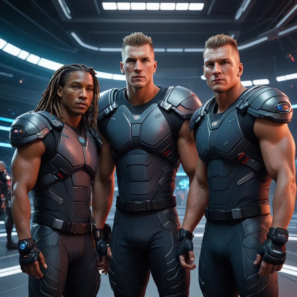 a group of men in futuristic suits standing in a room with a ceiling light in the background and a large circular window, retrofuturism, computer graphics, Avgust Černigoj, unreal 5