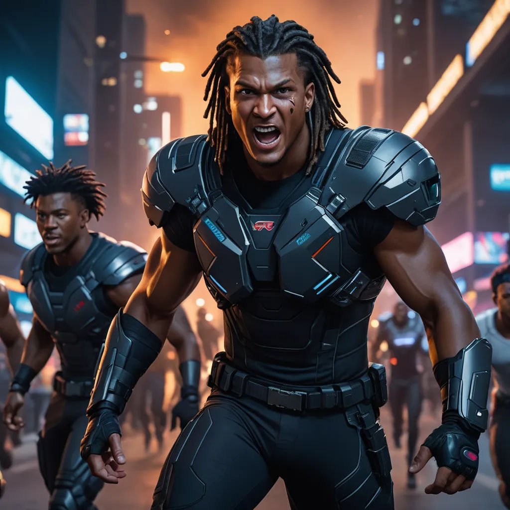 a group of men in futuristic outfits in a city street at night with neon lights and a neon background, afrofuturism, cyberpunk art, Cedric Seaut (Keos Masons), unreal 5