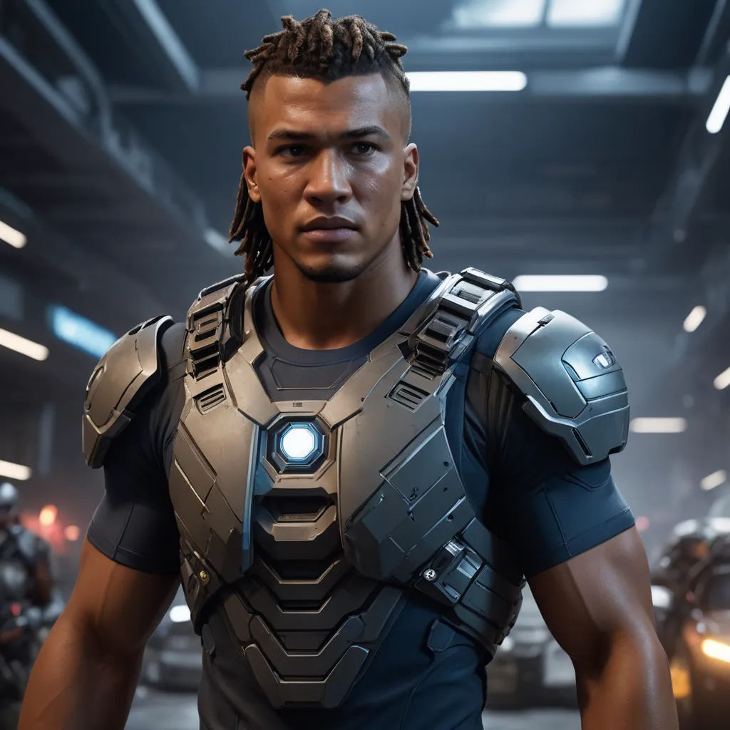 a man in a futuristic suit standing in a garage with other cars behind him and a helmet on his head, afrofuturism, a character portrait, Cedric Seaut (Keos Masons), unreal 5