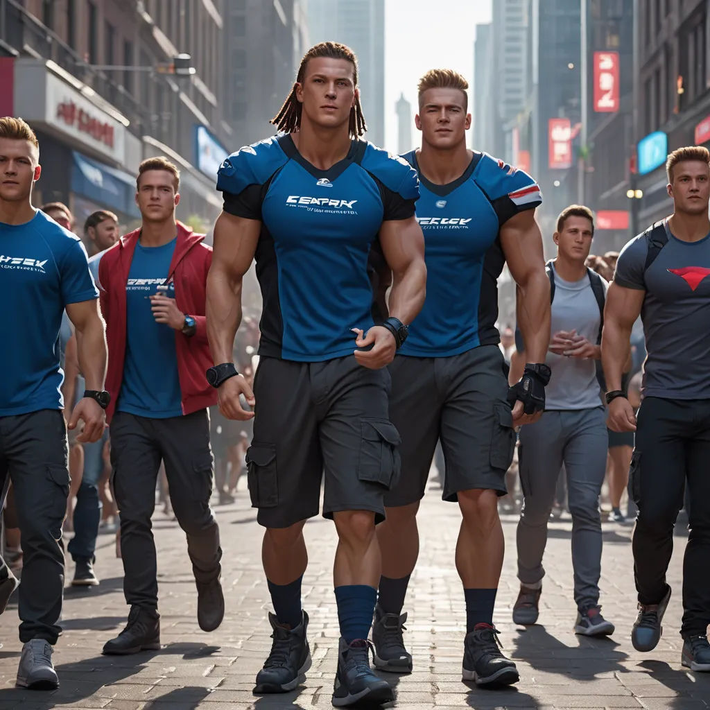 a group of men walking down a street in a line with other men in the background wearing blue shirts, antipodeans, a digital rendering, Christian Hilfgott Brand, promotional image