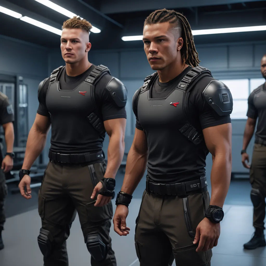 two men in black uniforms standing in a room with mirrors and lights on the wall behind them are two men with dreadlocks, afrofuturism, a stock photo, Altichiero, tech wear