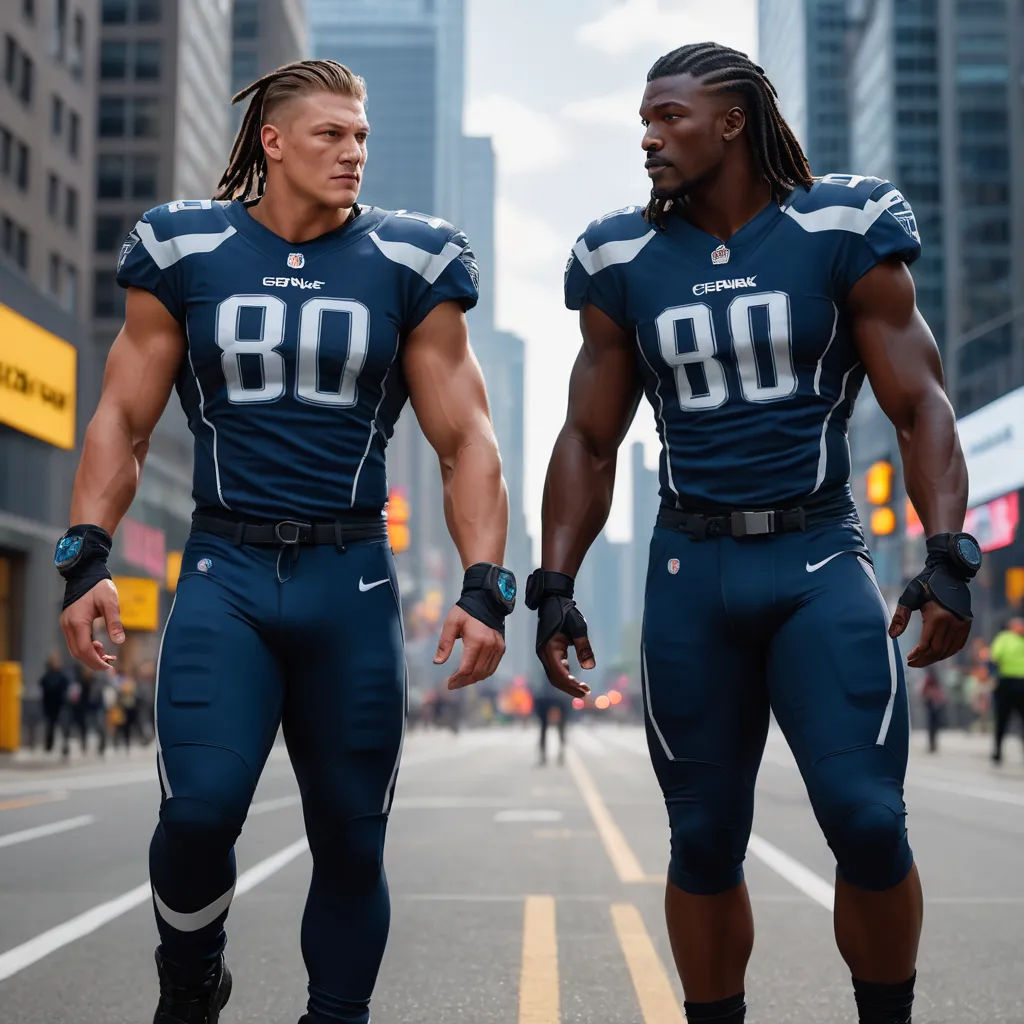 two football players are walking down the street together in their uniforms and gloves, with the city in the background, futurism, a digital rendering, Chris LaBrooy, future