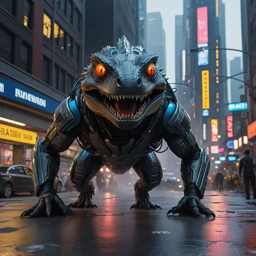 a giant godzilla monster is standing in the middle of a city street with people walking by on a rainy day, photorealism, concept art, Adam Rex, unreal 5 render