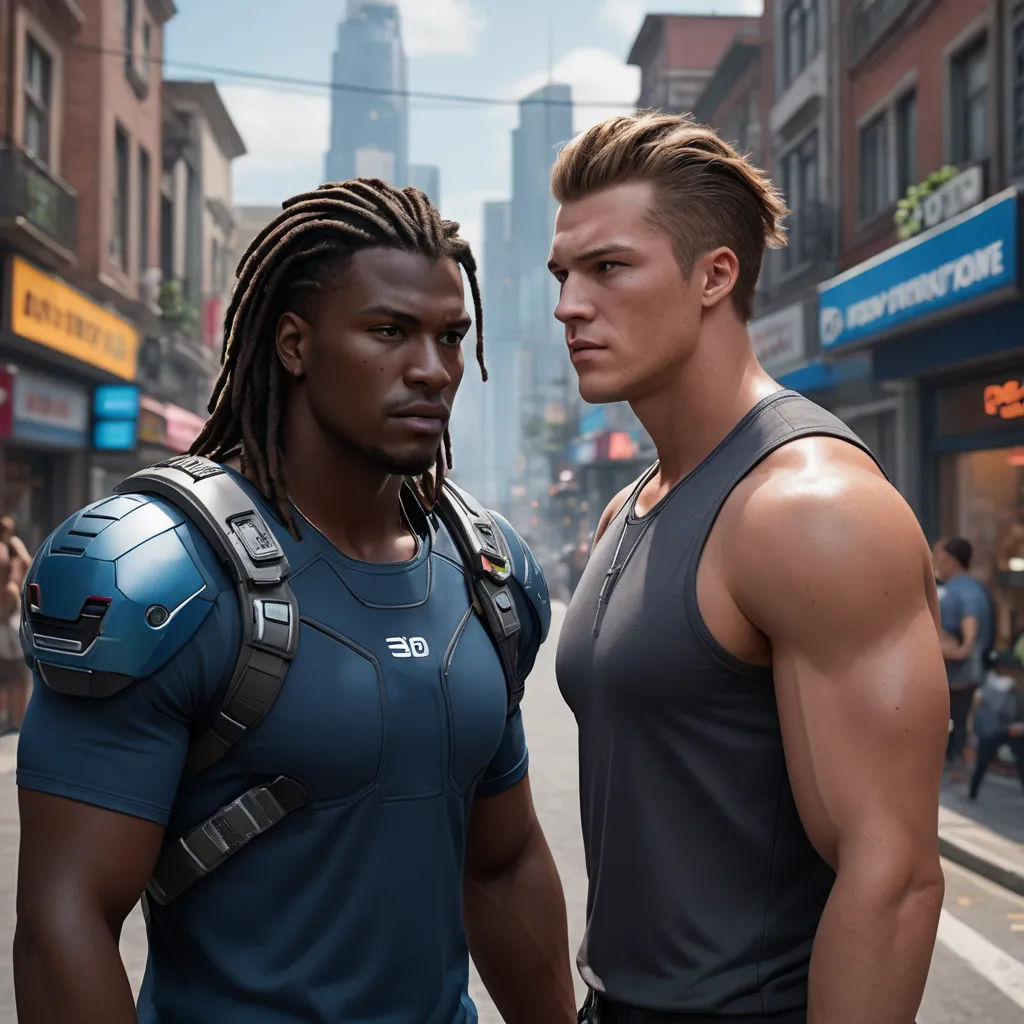 two men standing next to each other on a street with buildings in the background and a city street with pedestrians, afrofuturism, cyberpunk art, Andor Basch, unreal 5