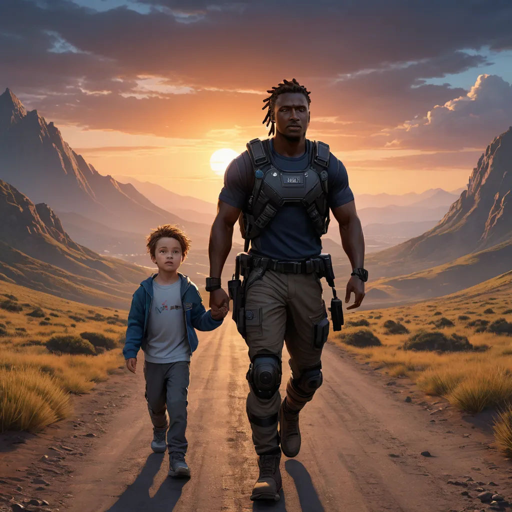 a man and a child walking down a dirt road in front of mountains at sunset with a gun in hand, afrofuturism, concept art, Eddie Mendoza, unreal 5