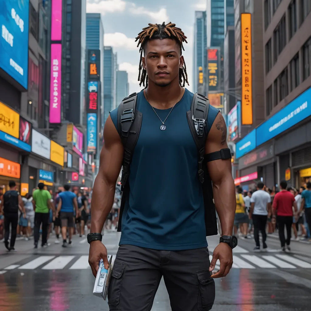 a man with dreadlocks walking down a street in a city with tall buildings in the background and a crosswalk, afrofuturism, a character portrait, Everett Warner, future