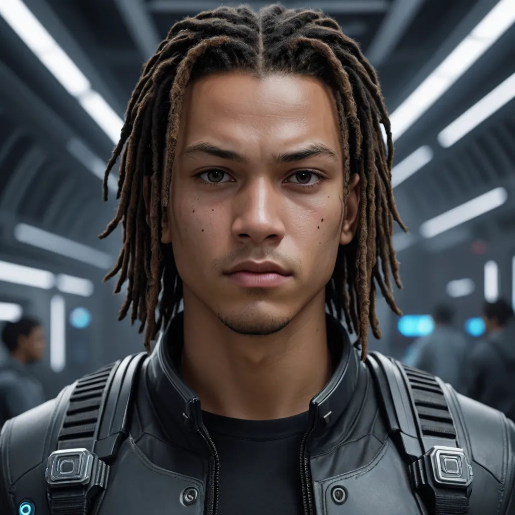 a man with dreadlocks in a sci - fi setting with other people in the background in a futuristic setting, photorealism, a character portrait, Cedric Seaut (Keos Masons), cgstudio