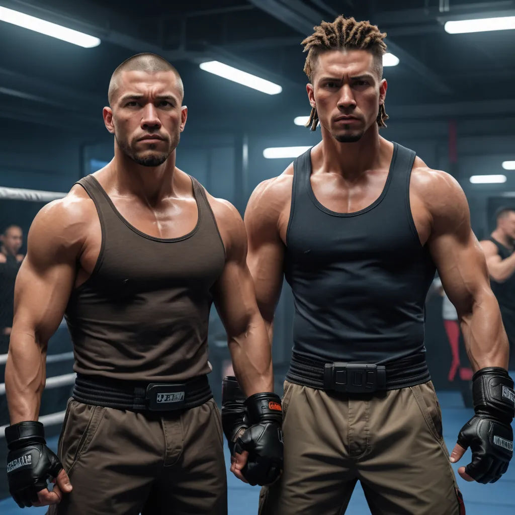 two men in a gym with boxing gloves on their hands and one man with dreadlocks on his head, viennese actionism, a poster, Alexander Kucharsky, movie still