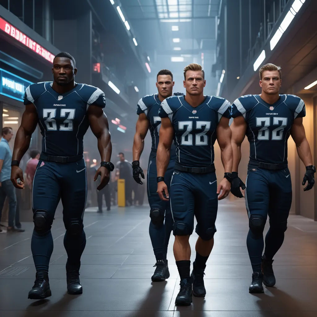 a group of men in football uniforms walking down a hallway together in a hallway with people walking by and a building in the background, antipodeans, concept art, Chris LaBrooy, j. c. leyendecker 8 k