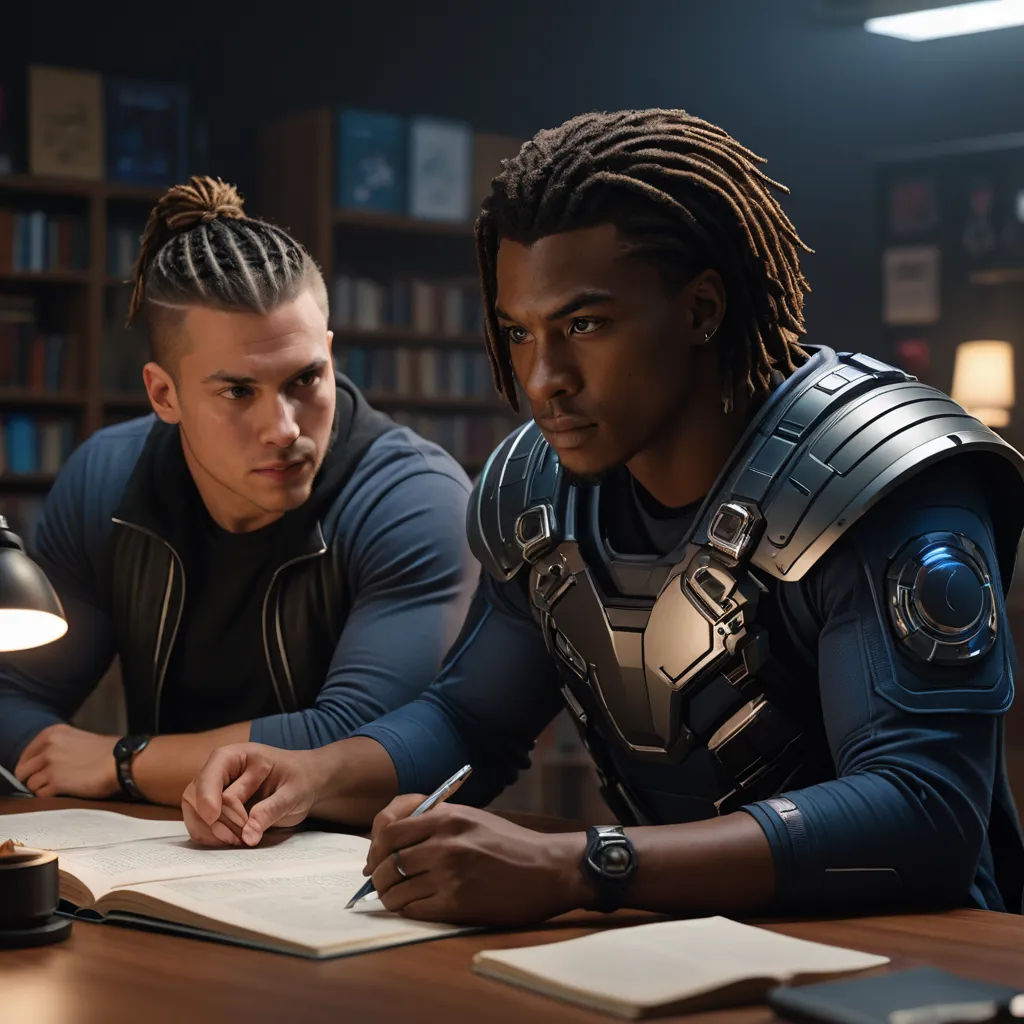 two men in a library writing on a paper and a lamp on a table next to them are books and a lamp, afrofuturism, a renaissance painting, Altichiero, promotional image