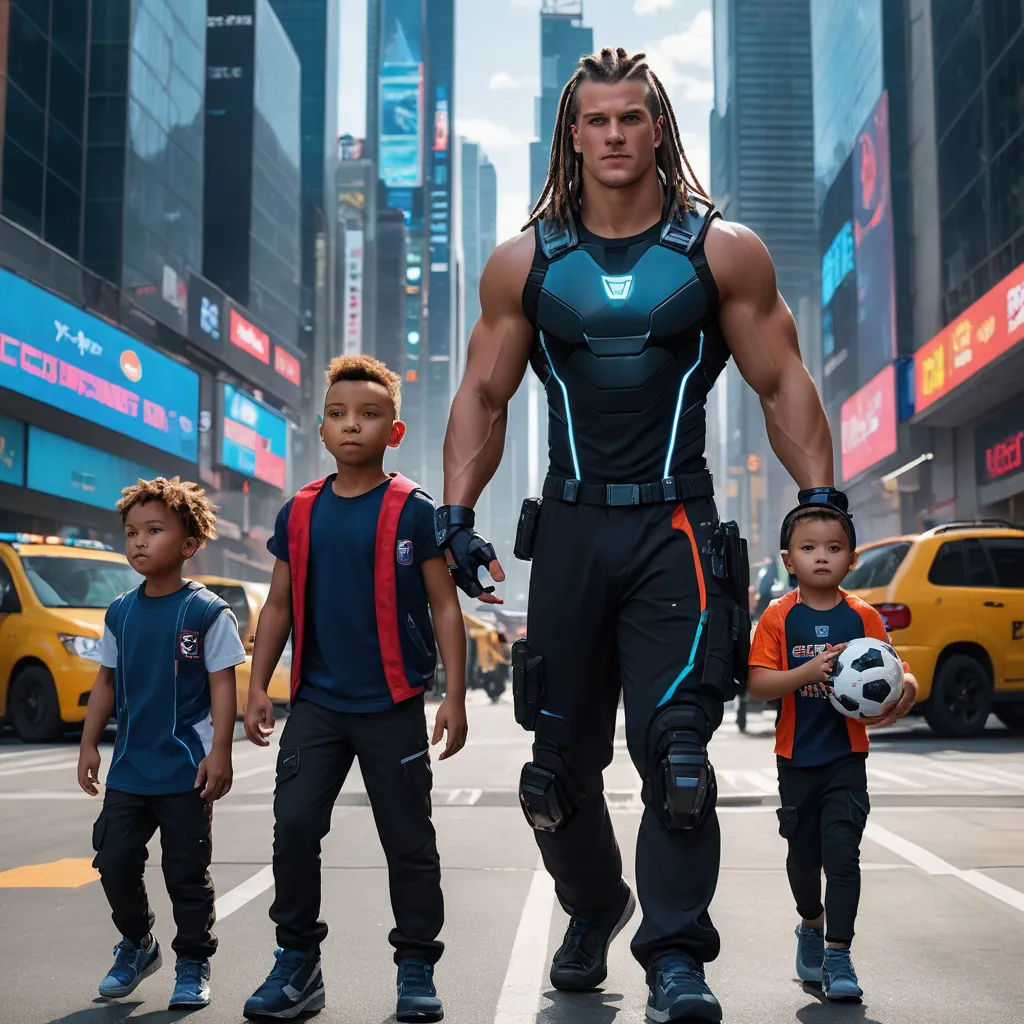 a man in a suit and two children are walking down the street in a city with tall buildings in the background, afrofuturism, concept art, Altichiero, promotional image