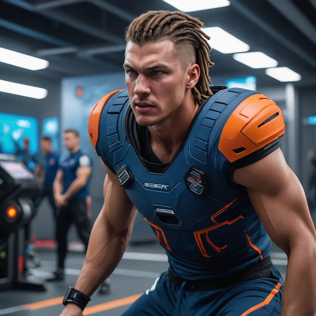 a man with dreadlocks and a vest on in a gym setting with other people in the background, futurism, a stock photo, Alexander Kucharsky, cyborg