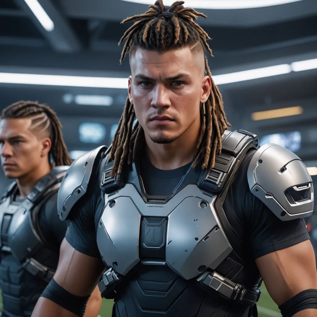 two men in futuristic suits standing in a room with a ceiling light above them and a football field in the background, realism, computer graphics, Eddie Mendoza, ultra realistic faces
