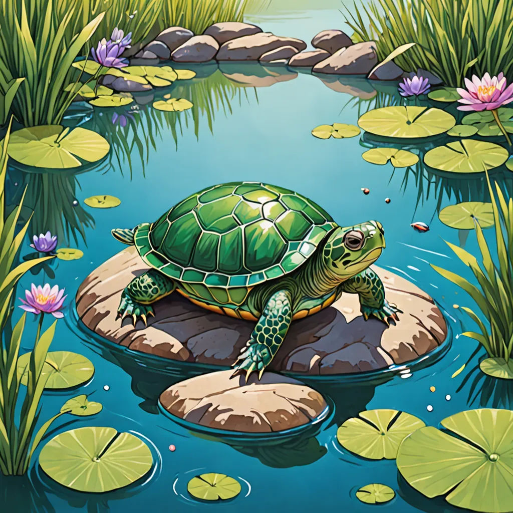 a turtle is sitting on a rock in a pond of water with lily pads and lily pads around it, sots art, a storybook illustration, Chris LaBrooy, storybook illustration