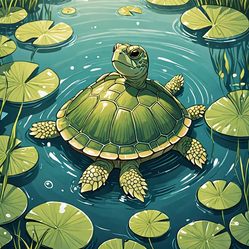 a turtle swimming in a pond with lily pads and lily pads around it's neck and head, with a green background, psychedelic art, a storybook illustration, Diego Gisbert Llorens, golden ratio illustration