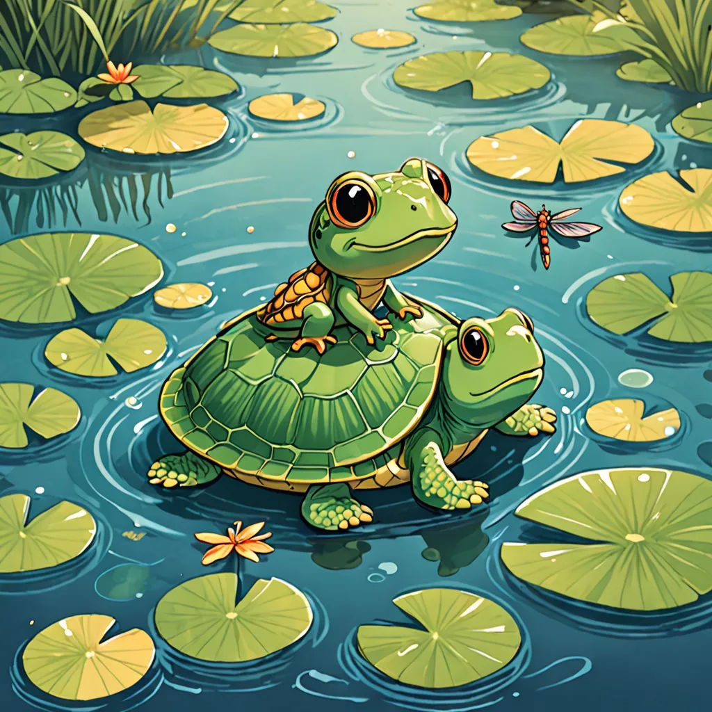 a frog and a frog sitting on top of a turtle in a pond of water lilies and a dragon fly above, fantasy art, a storybook illustration, Chris LaBrooy, storybook illustration