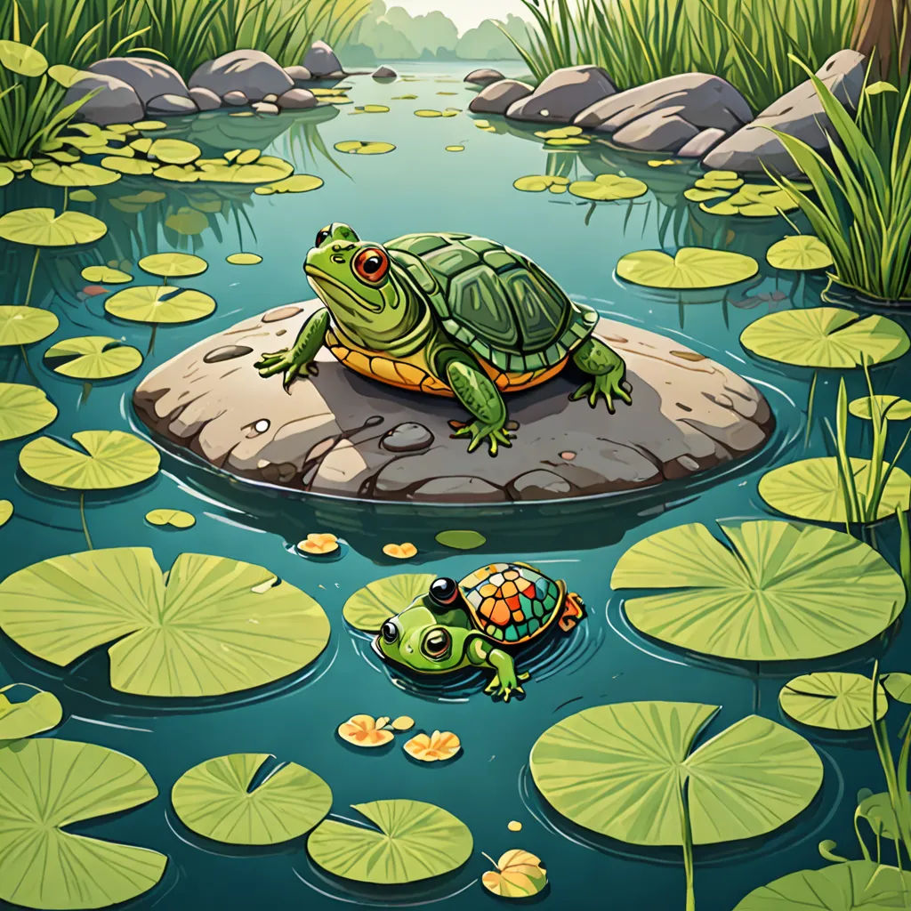 a frog and a frog sitting on a rock in a pond of water with lily pads and lily pads, environmental art, a storybook illustration, Andries Stock, storybook illustration