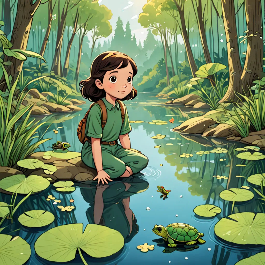 a girl sitting on a rock in a swamp with a frog in front of her and a pond with lily pads, environmental art, a storybook illustration, Cliff Childs, official art