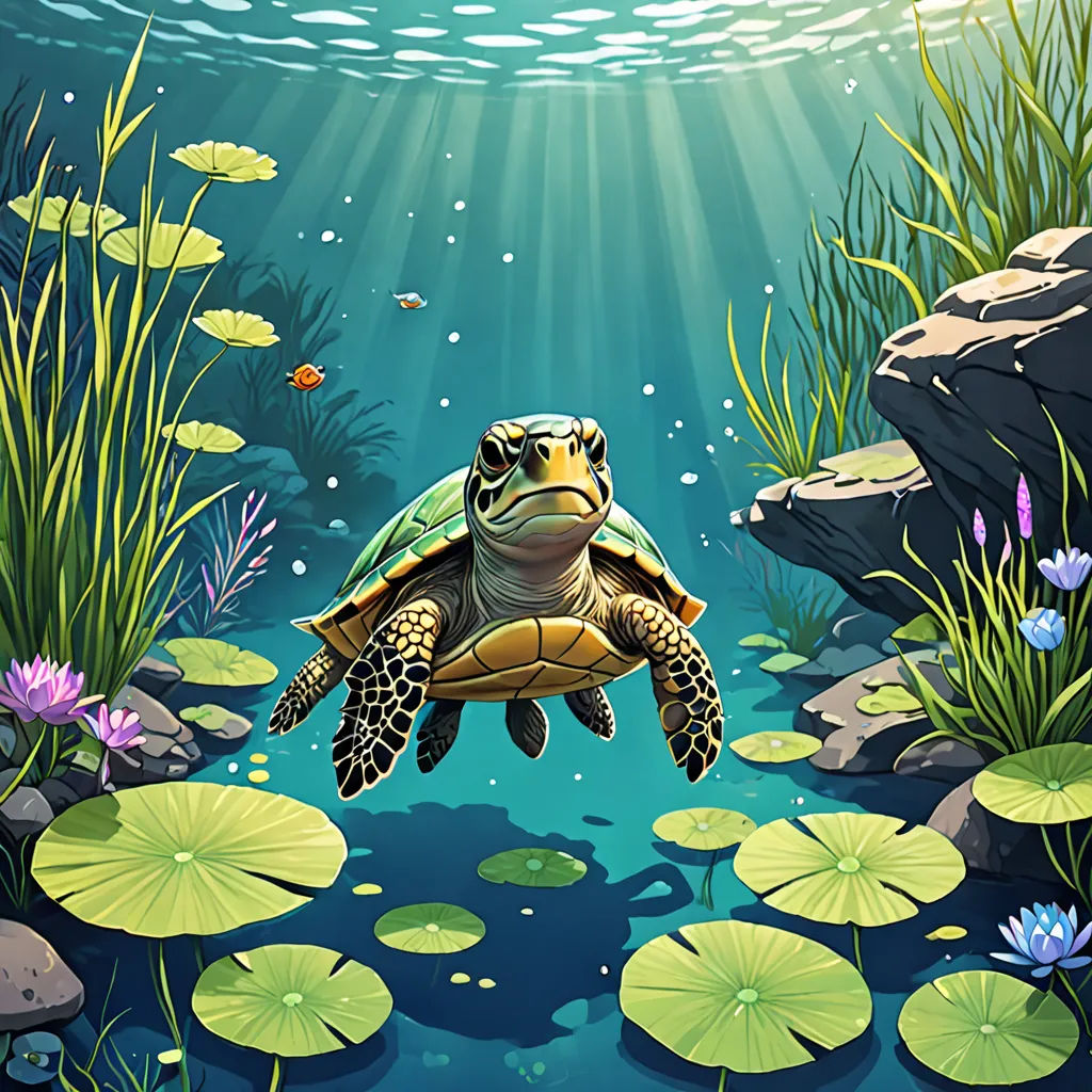 a turtle swimming in a pond with lily pads and a fish in the background with sunlight streaming through the water, fantasy art, a storybook illustration, Chris LaBrooy, storybook illustration