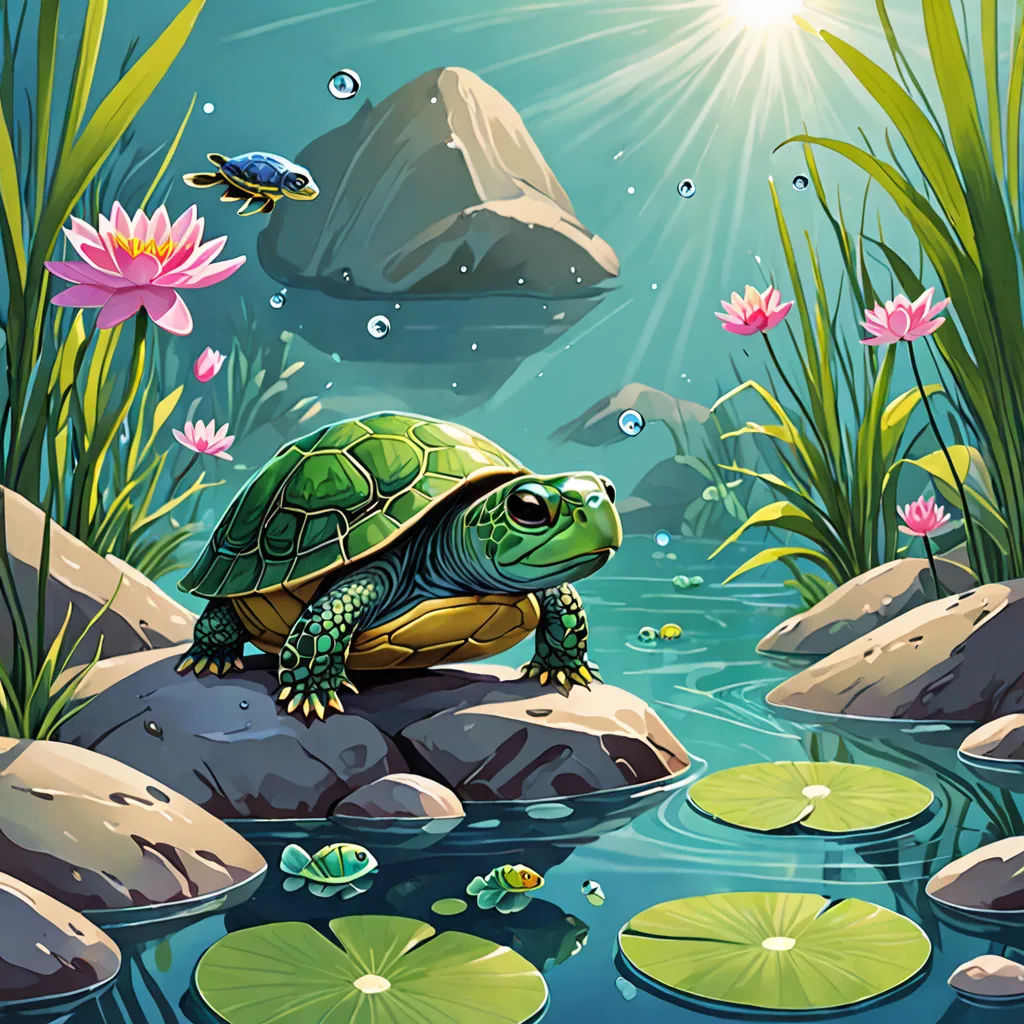 a turtle is sitting on a rock in the water and some lily pads are around it and a turtle is swimming in the water, fantasy art, a storybook illustration, Chris LaBrooy, storybook illustration