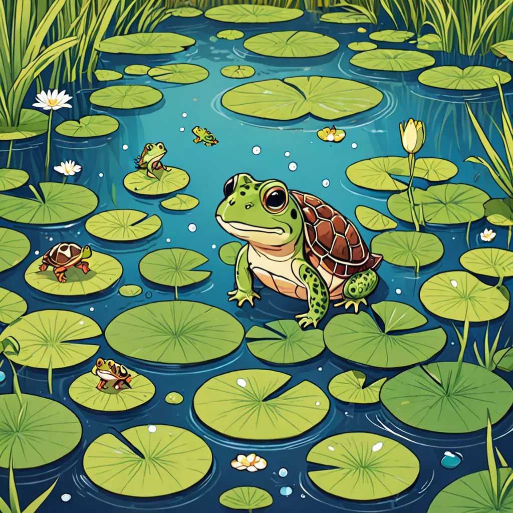 a frog and a frog are sitting on lily pads in a pond with lily pads and water lilies, ecological art, a storybook illustration, Chris LaBrooy, storybook illustration