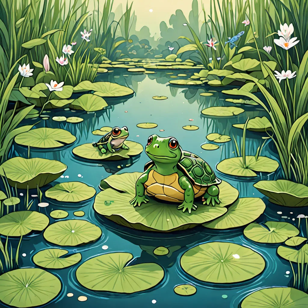 a frog sitting on a lily pad in a pond with lily pads around it and a dragon flying above, fantasy art, a storybook illustration, Chris LaBrooy, storybook illustration
