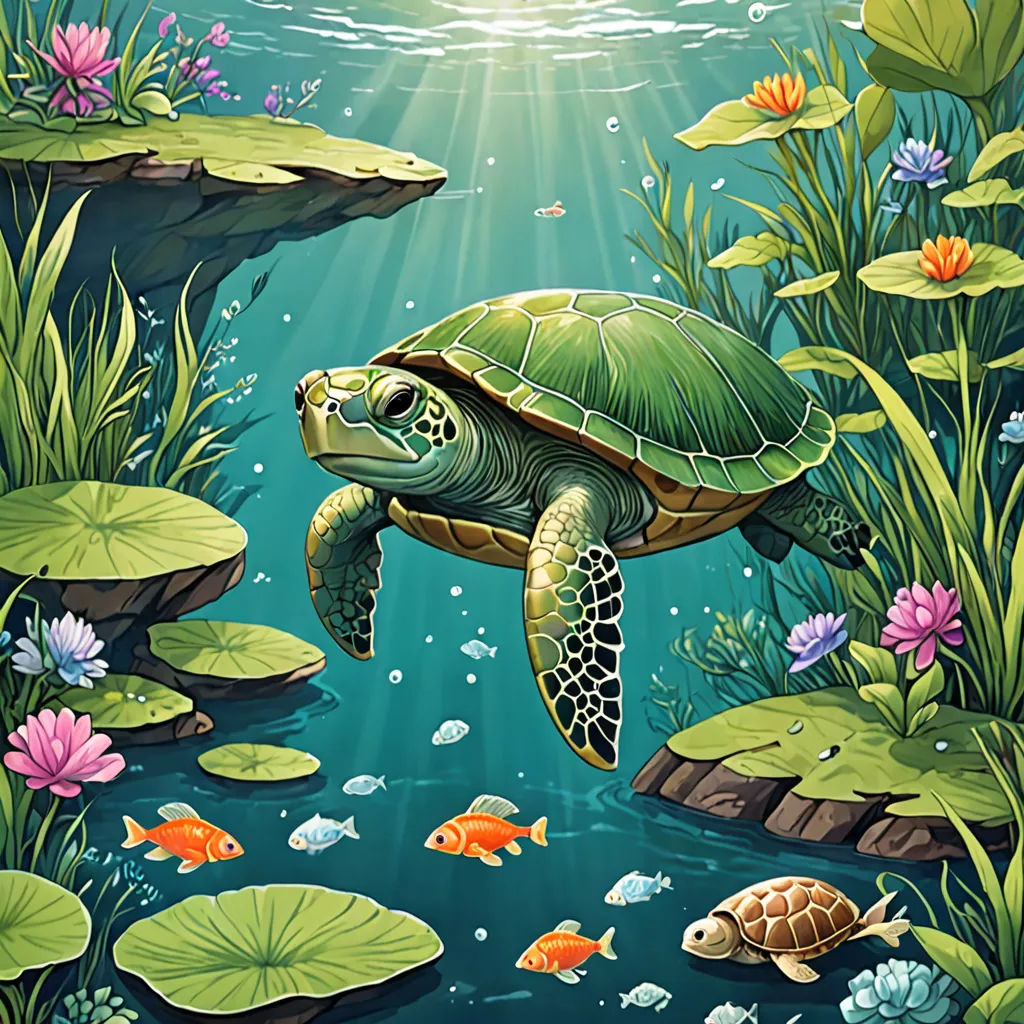 a turtle swimming in a pond with lily pads and fish around it, with a sunbeam in the background, fantasy art, a storybook illustration, Chris LaBrooy, highly detailed digital painting