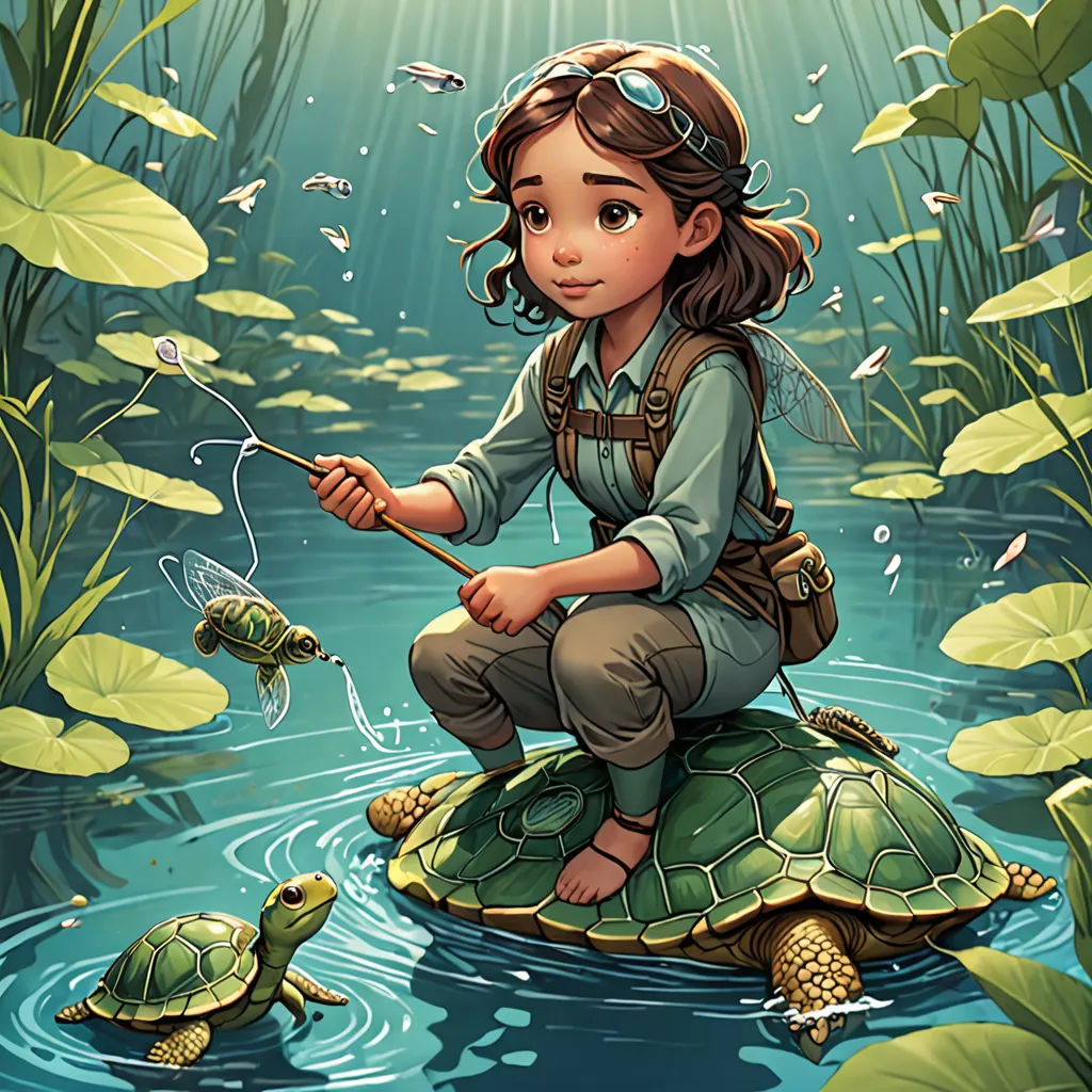 a girl is sitting on a turtle in the water with a fishing rod in her hand and a fish in her hand, fantasy art, a storybook illustration, Cliff Childs, storybook illustration