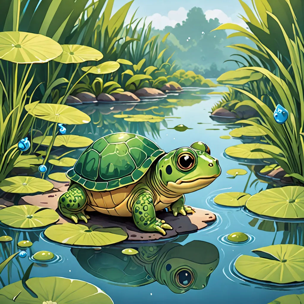 a frog sitting on a rock in a pond of water lilies and lily pads with lily pads around it, fantasy art, a storybook illustration, Chris LaBrooy, storybook illustration