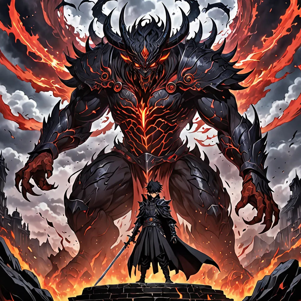a demonic demon standing on top of a hill with a sword in his hand and a demon on his shoulder, fantasy art, a comic book panel, Baiōken Eishun, rob rey and kentaro miura style