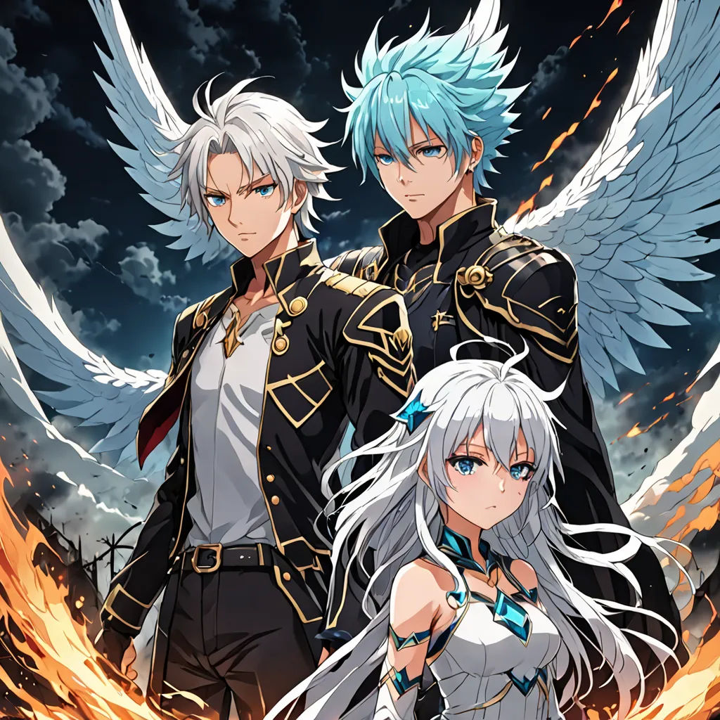 two anime characters standing next to each other with wings on their shoulders and a flame in the background,, rayonism, poster art, Ai-Mitsu, official art