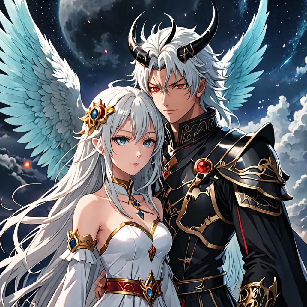 a couple of anime characters standing next to each other in front of a full moon sky with clouds and stars, fantasy art, a detailed painting, Anne Stokes, official art