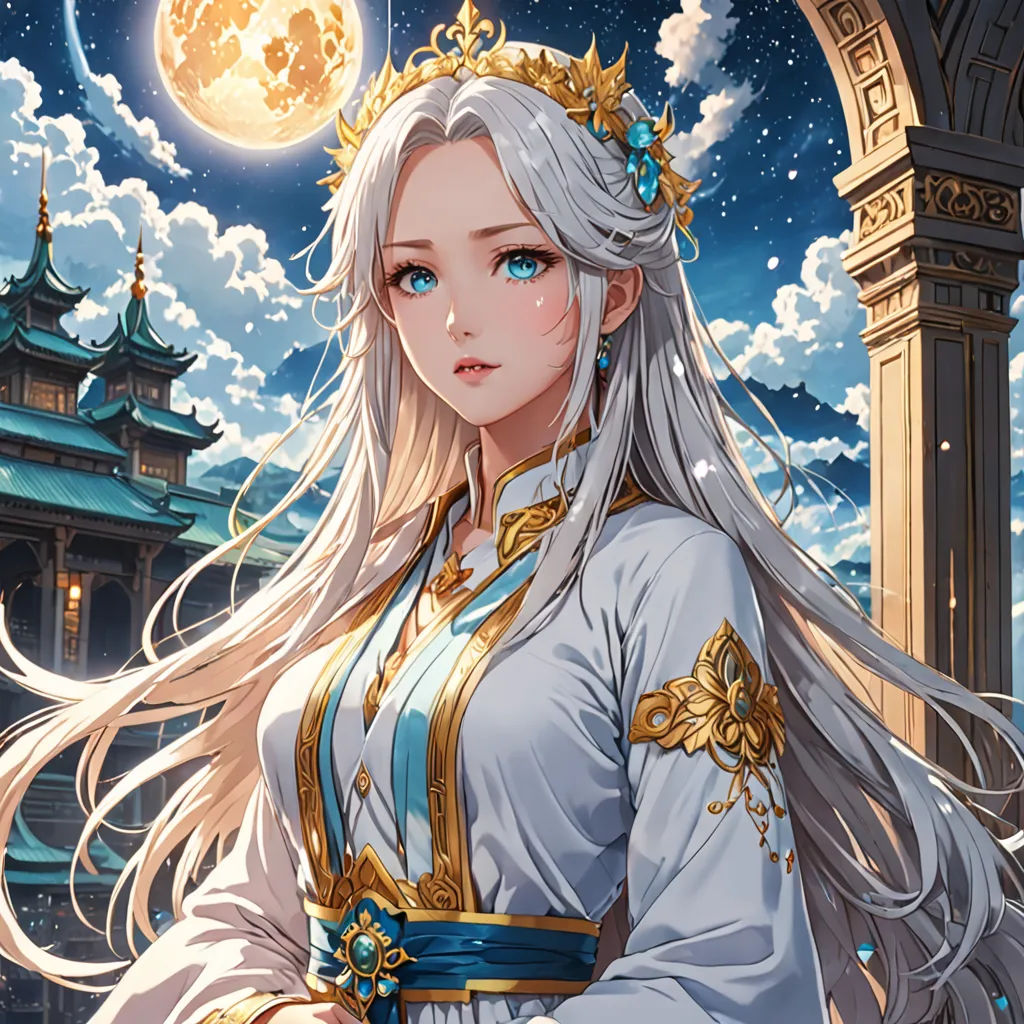 a woman in a white dress standing in front of a clock tower with a full moon in the background, fantasy art, a detailed painting, Fan Qi, beautiful detailed