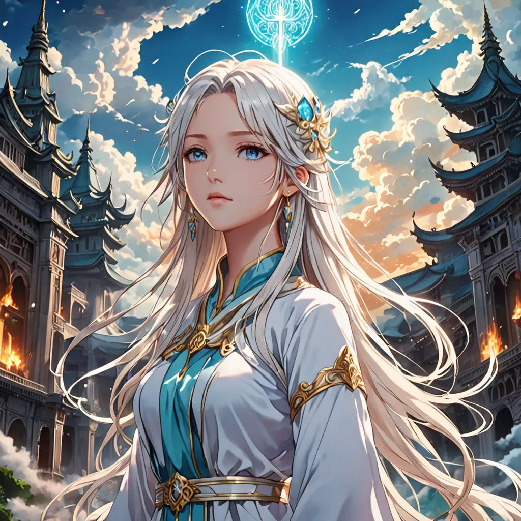 a woman in a white dress standing in front of a castle with a blue sky and clouds behind her, fantasy art, a character portrait, Artgerm, stanley artgerm lau