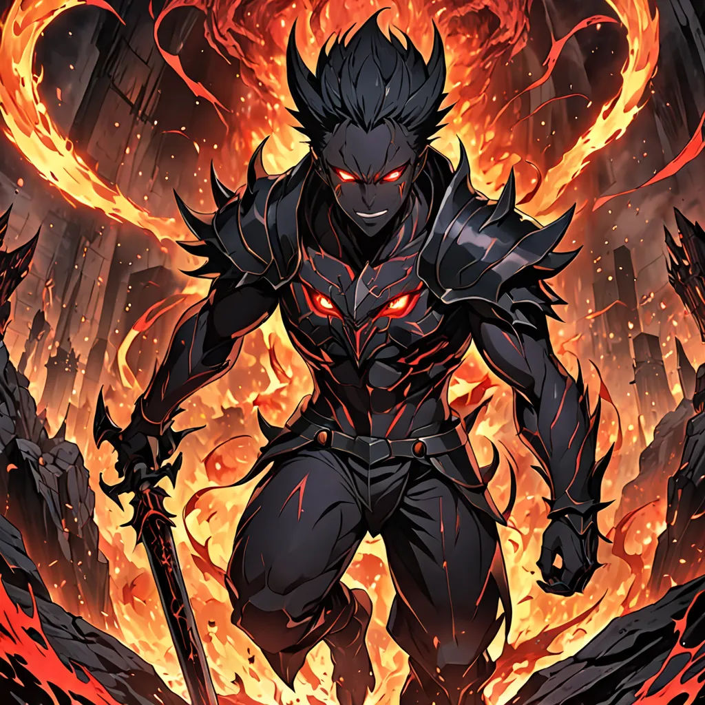 a demonic demon standing in front of a blazing fire filled sky with a sword in his hand and glowing eyes, dau-al-set, concept art, Du Jin, ufotable
